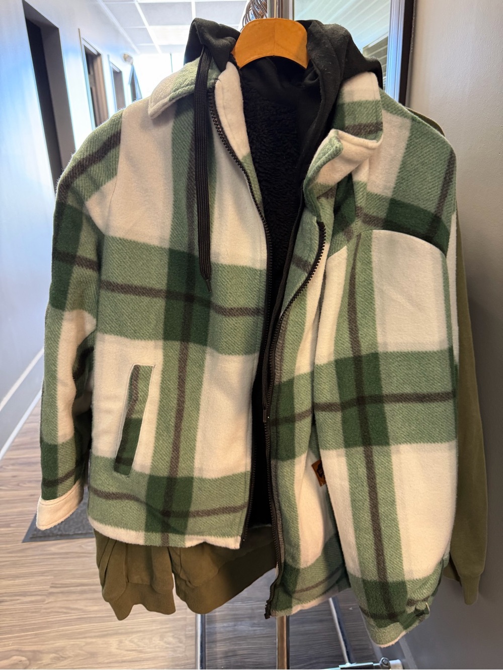 Buffalo David Bitton Green and White Plaid Fleece Shirt Jacket